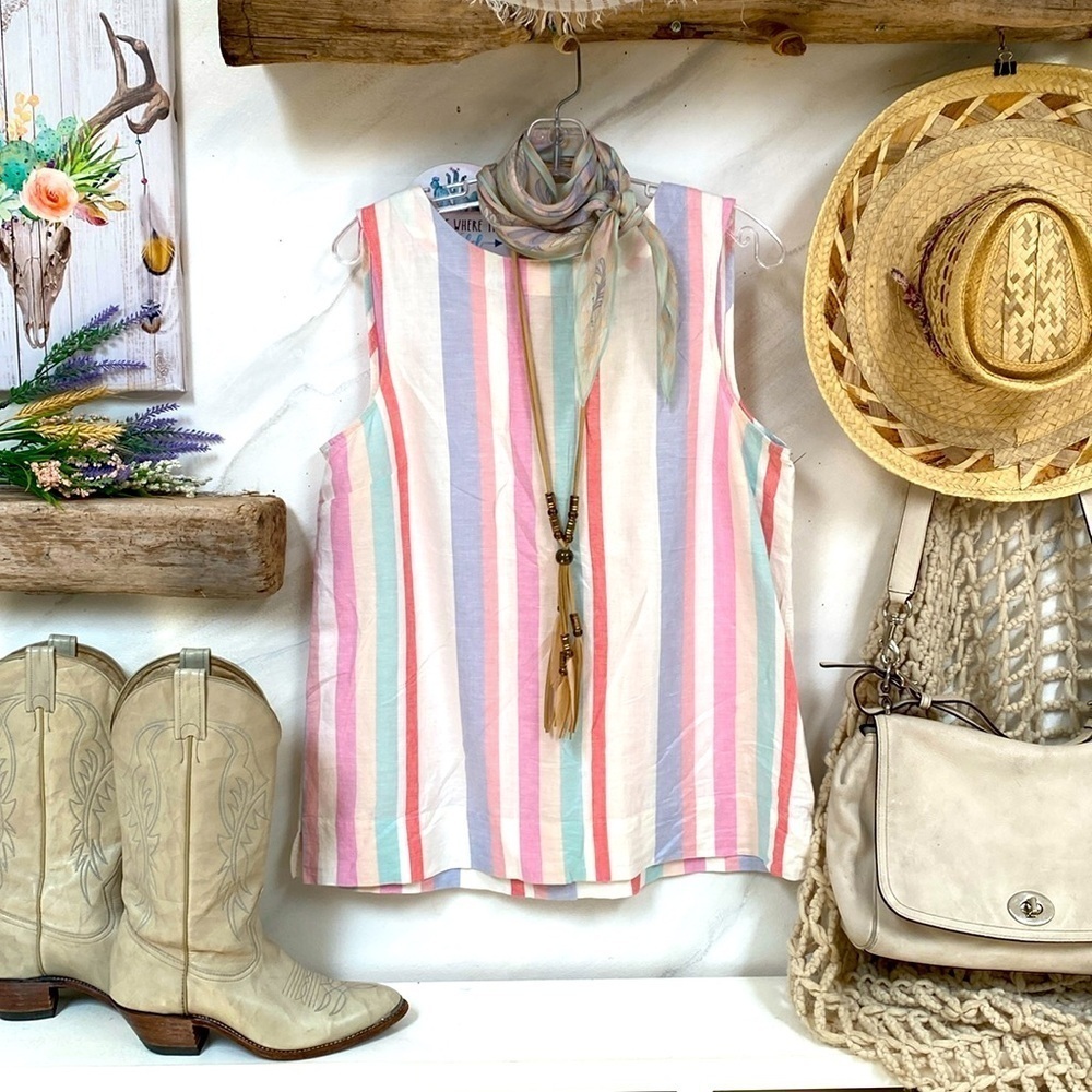 Anthropologie Linen Ellen TRACEY  Boho pastel stripe Blouse w sweet Back Buttons